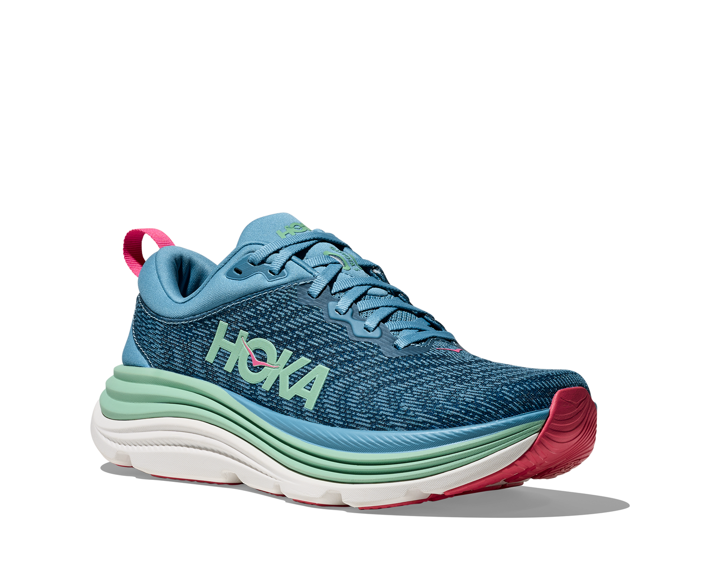 Hoka Gaviota 5 W, skomodell till dam. Denna modell är rymlig i passformen jämfört med andra Hoka skor. Här har ni Hokas stabilaste sko med pronationsstöd. Blå färg i grunden med detaljer i grönt och rosa. Perfekt för löpningen eller arbetspasset där du behöver mycket dämpning.