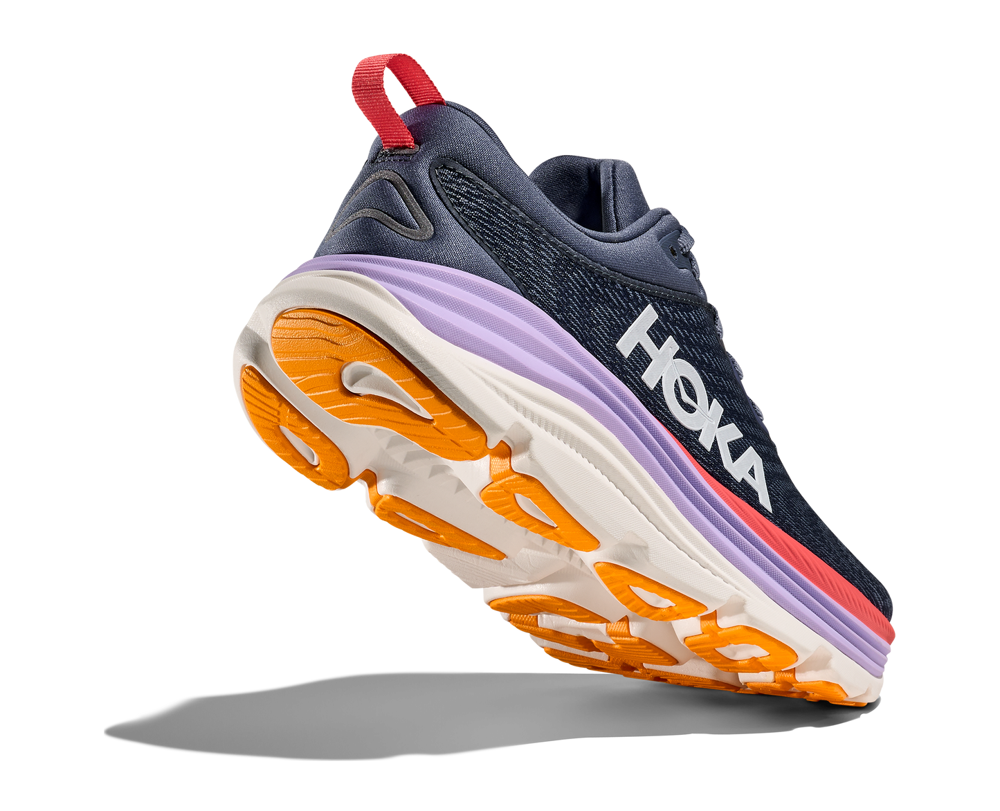 Hoka Gaviota 5 Wide W, skomodell till dam. Widemodell för dig som behöver en rymlig sko. Här har ni Hokas stabilaste sko med pronationsstöd. Mörkblå färg i grunden med detaljer i lila, rött och orange. Perfekt för löpningen eller arbetspasset där du behöver mycket dämpning.