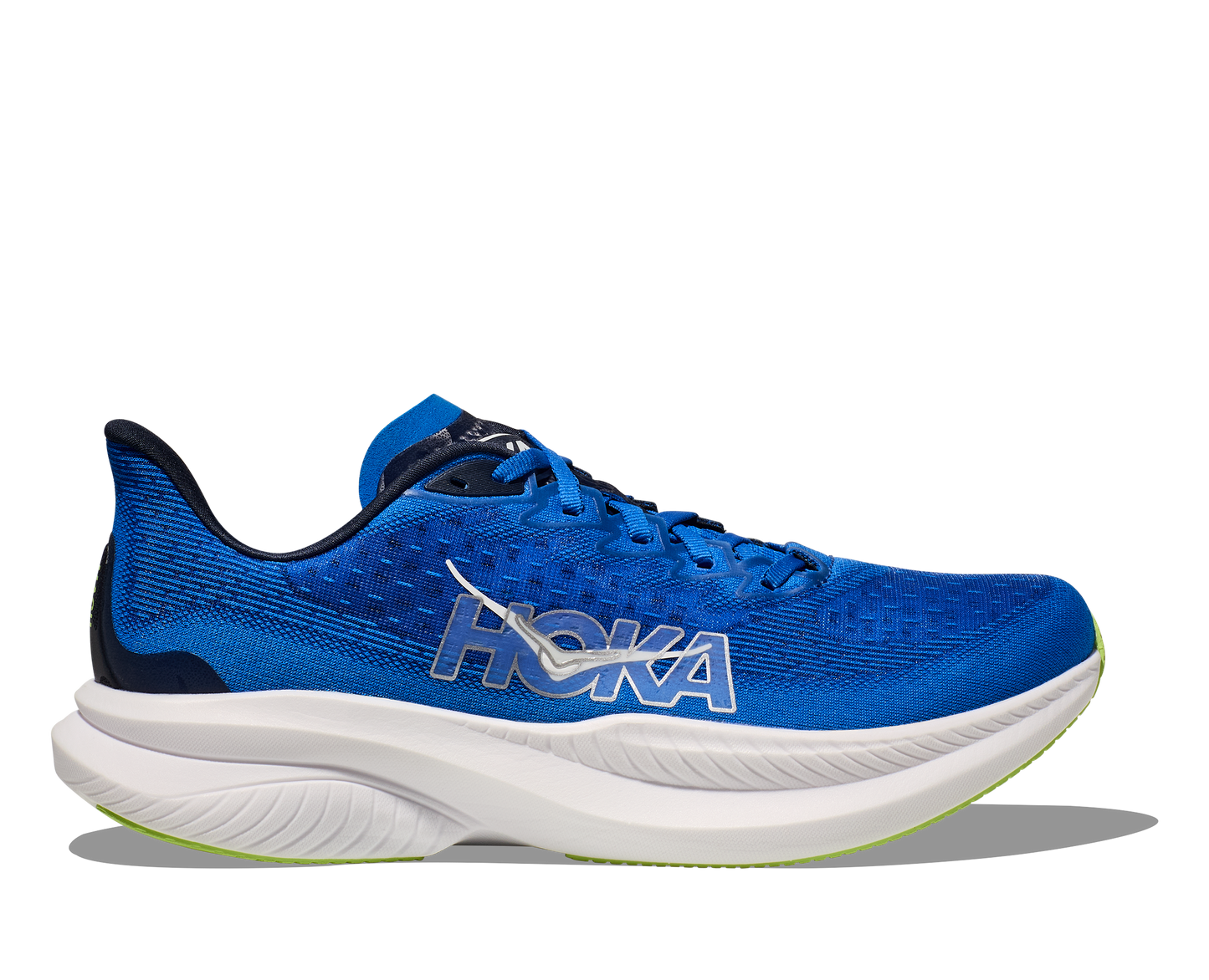 Hoka M Mach 6 ECC - En snabb löparsko med skön dämpning. Blå/Vitt med gröna detaljer.
