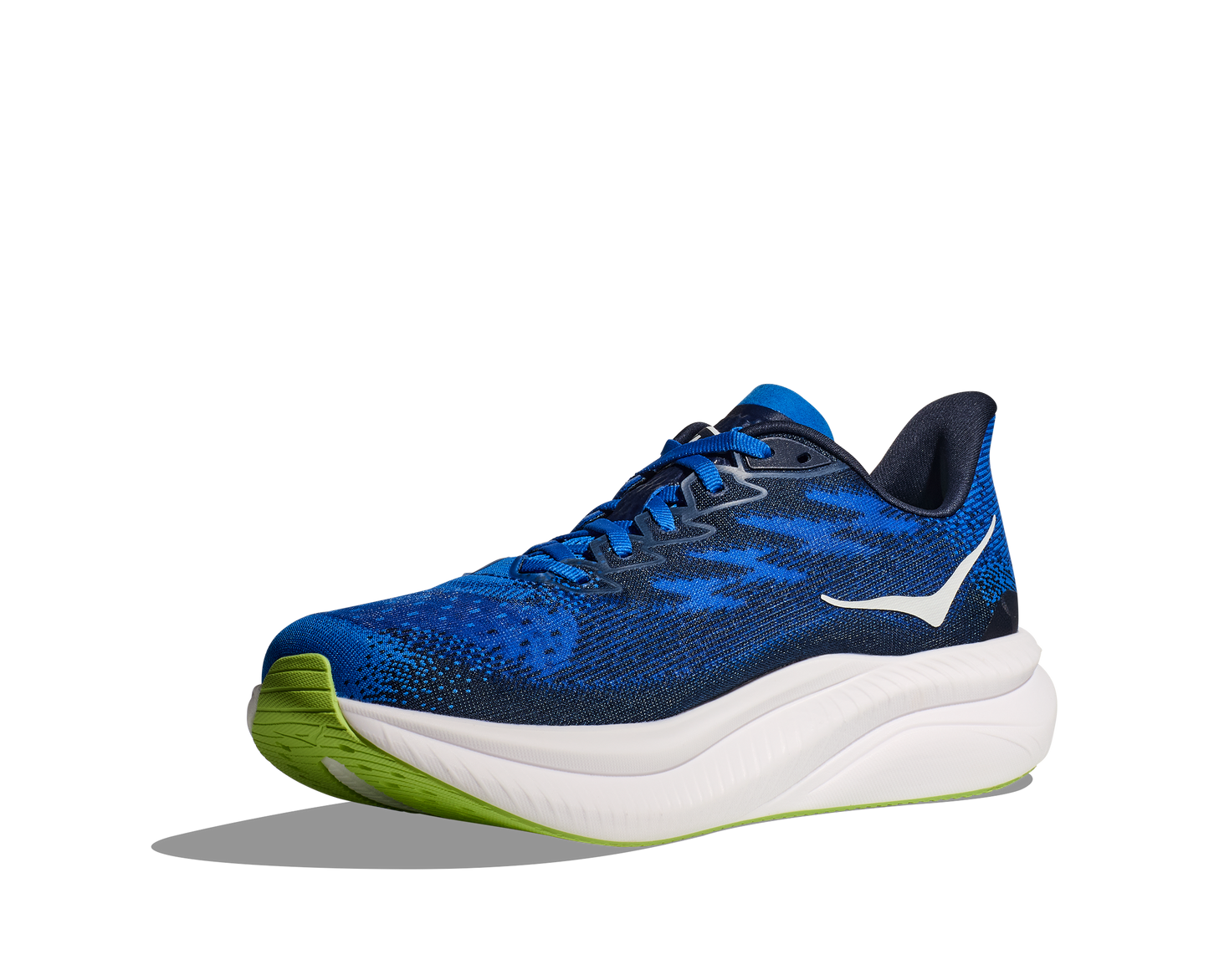 Hoka M Mach 6 ECC - En snabb löparsko med skön dämpning. Blå/Vitt med gröna detaljer.