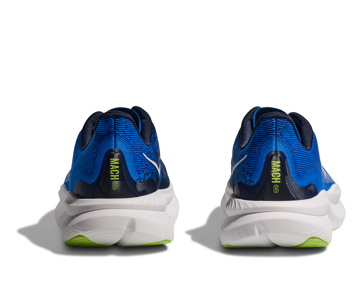 Hoka M Mach 6 ECC - En snabb löparsko med skön dämpning. Blå/Vitt med gröna detaljer.