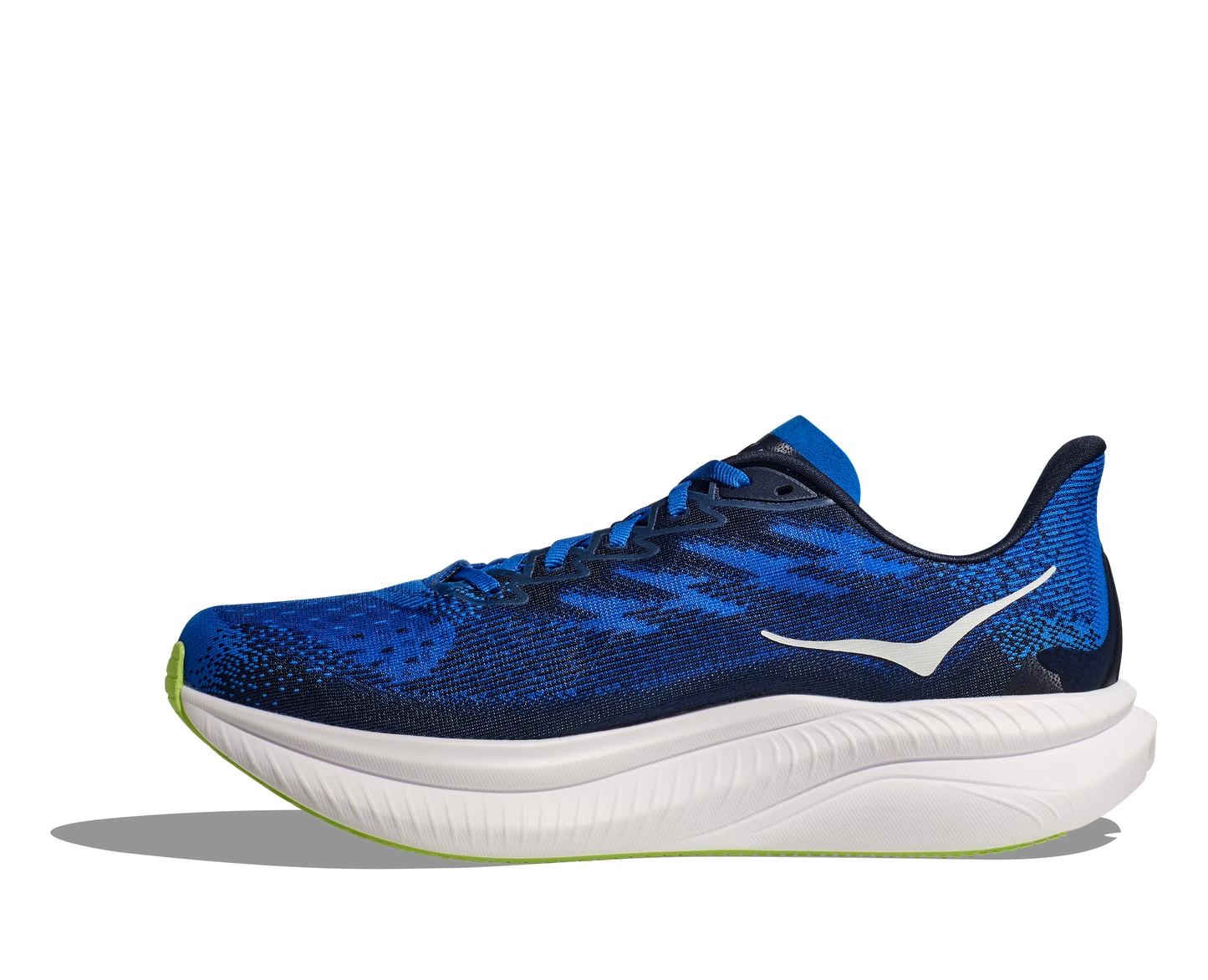 Hoka M Mach 6 ECC - En snabb löparsko med skön dämpning. Blå/Vitt med gröna detaljer.