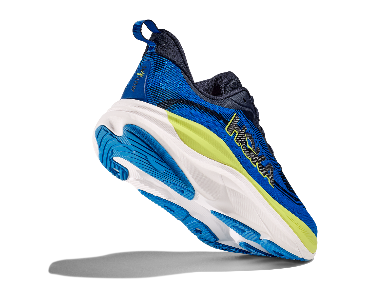 Hoka M Skyflow. Utmärkt sko för att lägga något lite extra på dagens runda! Blå med vit sula och detaljer i limegrön och svart.