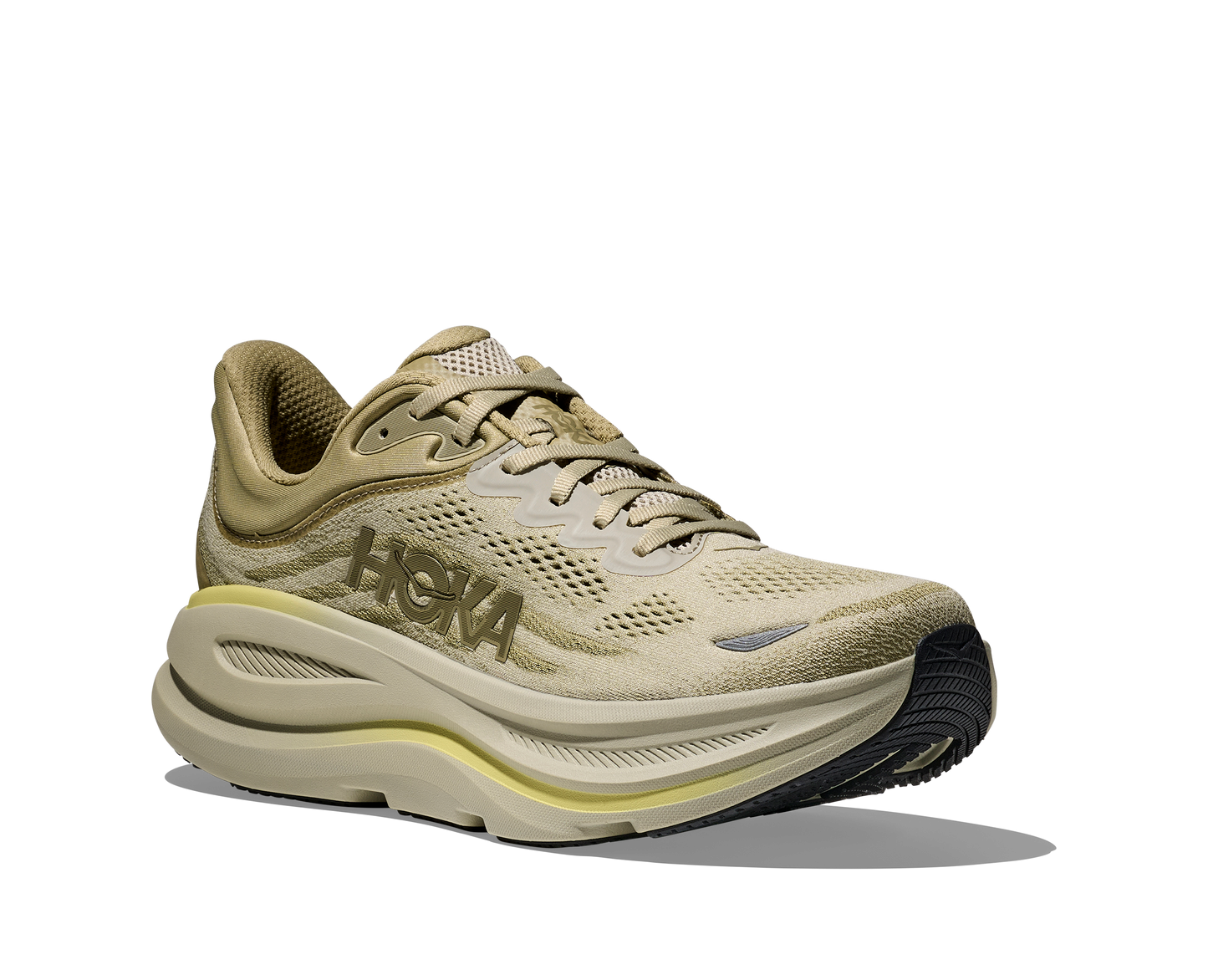 Hoka M Bondi 9, dämpad herrsko. Perfekt för en mjuk och skonsam löpning. Även en super bra arbetssko som avlastar kroppen under hela dagen. Gröna och beigea nyanser på denna sko med gula detaljer. Köp hos dina Hoka specialister i Sverige idag!