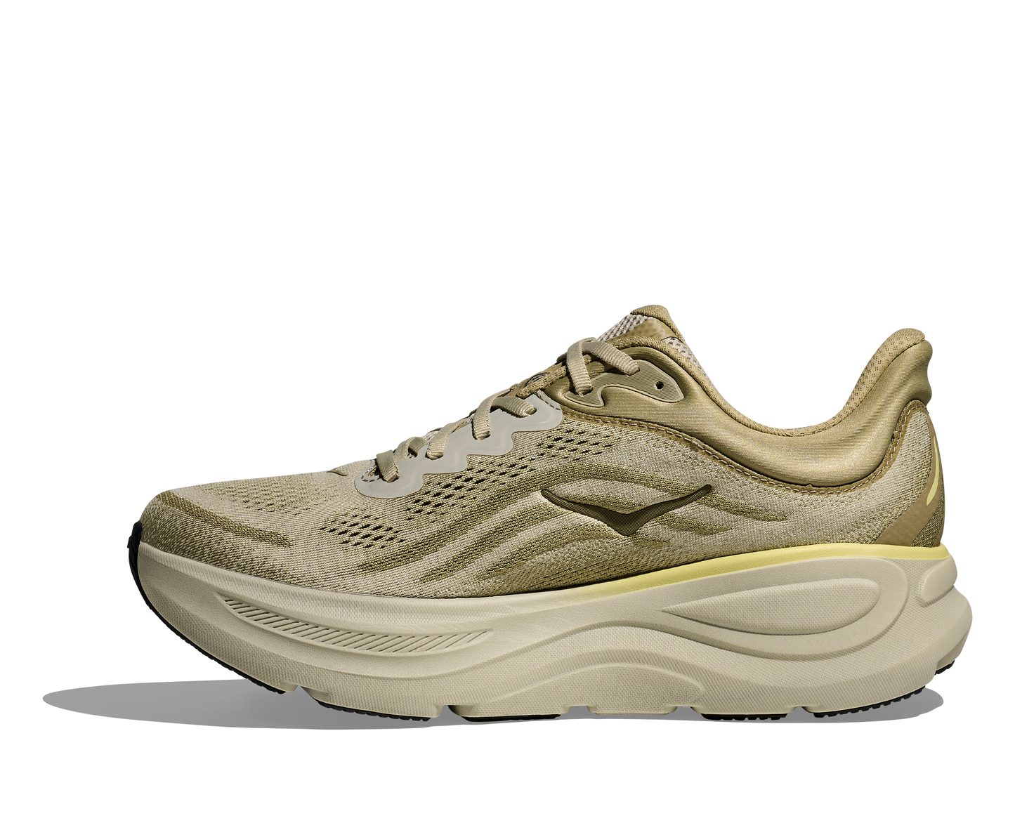 Hoka M Bondi 9, dämpad herrsko. Perfekt för en mjuk och skonsam löpning. Även en super bra arbetssko som avlastar kroppen under hela dagen. Gröna och beigea nyanser på denna sko med gula detaljer. Köp hos dina Hoka specialister i Sverige idag!