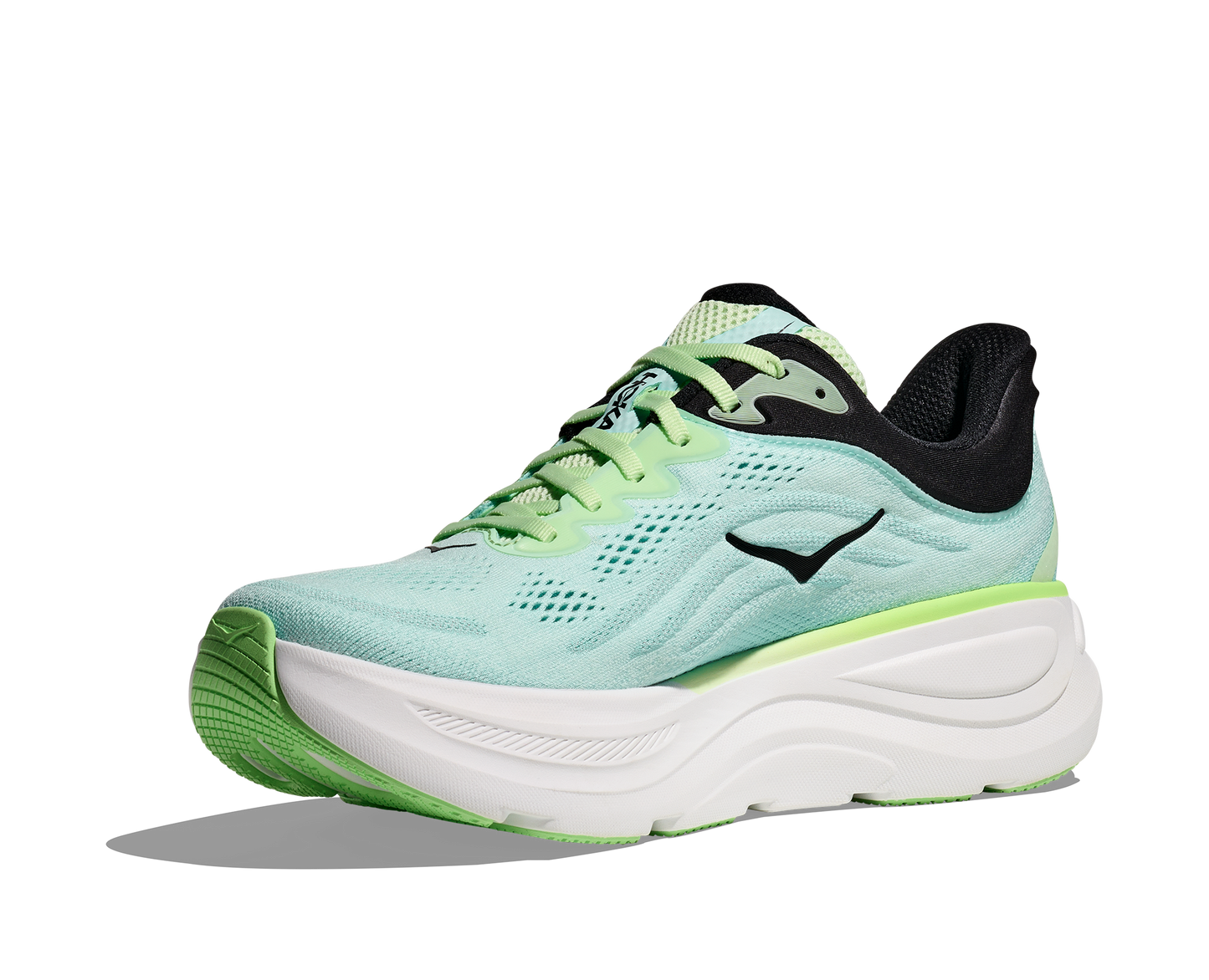 Hoka M Bondi 9, med supermjukt och responsivt skum, stabil hälkappa och uppdaterad design är Bondi 9 redo för allt från löprundor och långpromenader till vardagens alla steg. Nyanserna går i blått och grönt, med vit sula och svarta detaljer.