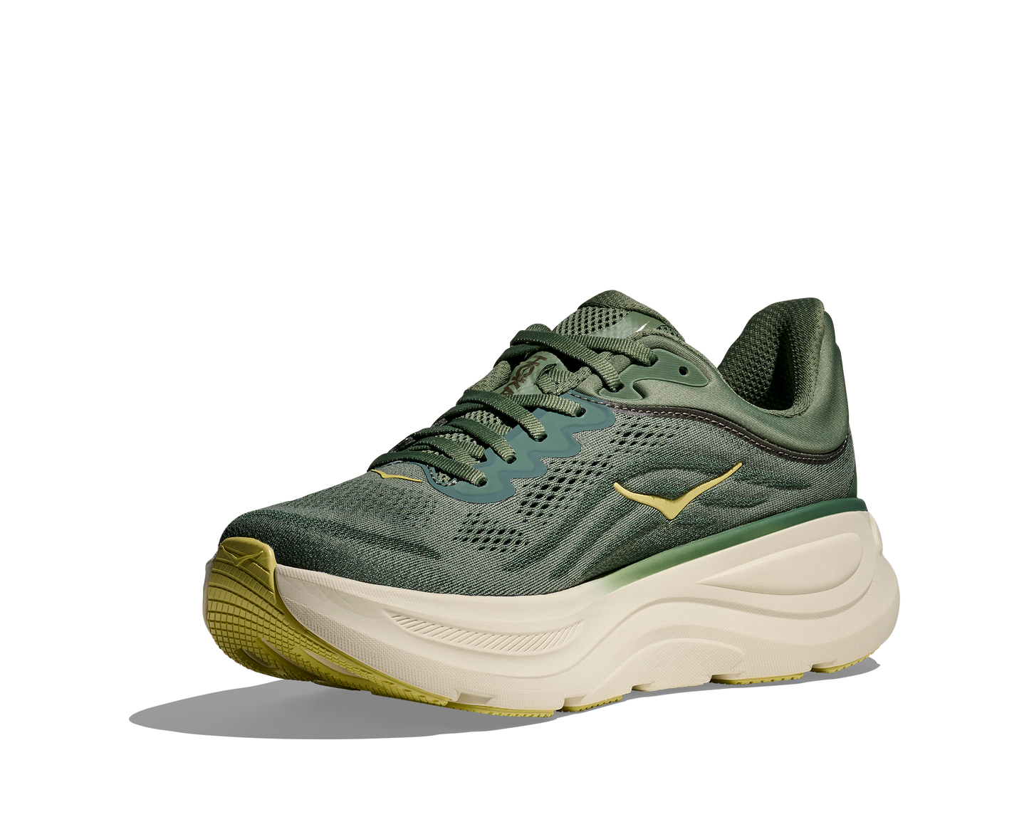 Hoka M Bondi 9, dämpad herrsko. Perfekt för en mjuk och skonsam löpning. Även en super bra arbetssko som avlastar kroppen under hela dagen. Här i grön nyans med beige sula och gula detaljer. Köp hos dina Hoka specialister i Sverige idag!