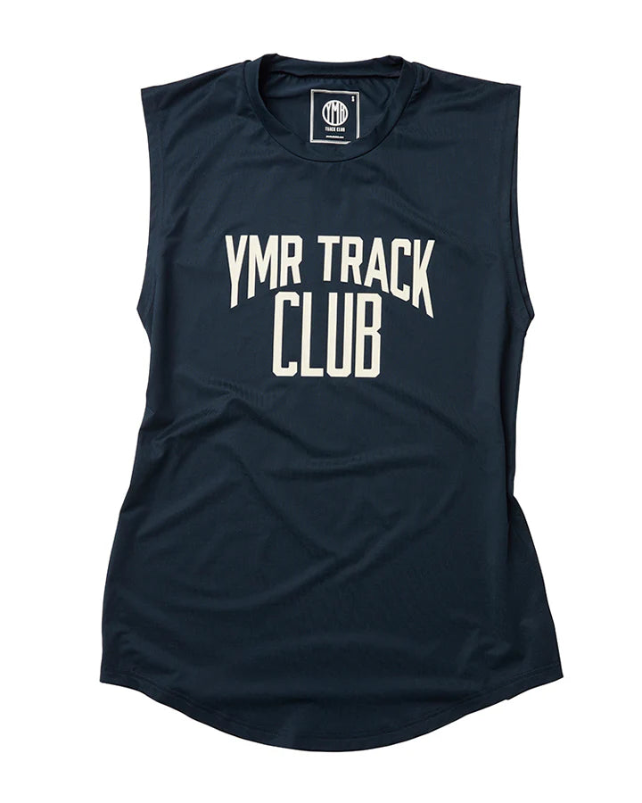 Lättviktigt träningslinne för kvinnor. Marinblått med logotyp i off-white "YMR TRACK CLUB". Rymlig passform för optimal rörelsefrihet.