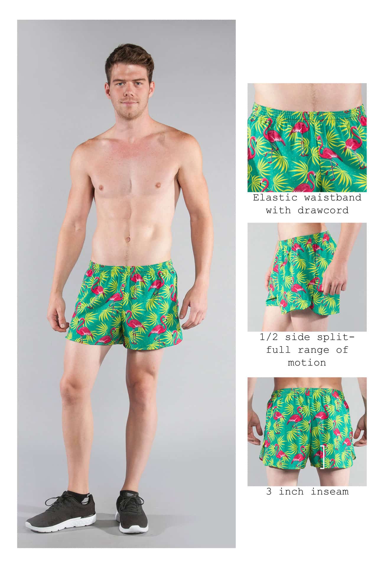 B.O.A Flamingo Green - Herr 3". Gröna Herr shorts med flamingo tryck på. Luftiga och passar perfekt till stranden.