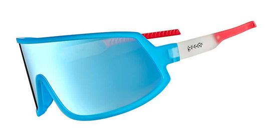 goodr Scream If You Hate Gravity. Vältäckande sportglasögon med polariserat glas. Blå båge med lätt speglande lins. Skyddar mot vind, smuts och UV.