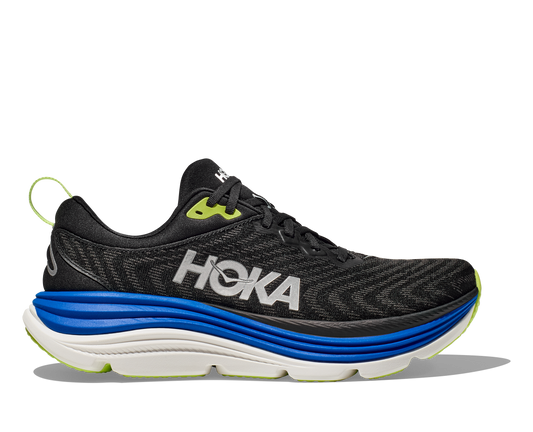 Hoka Gaviota 5 M, löparsko med pronationsstöd och extra stabilitet. En rymlig passform med mycket dämpning. Färg svar, blått och vitt. 