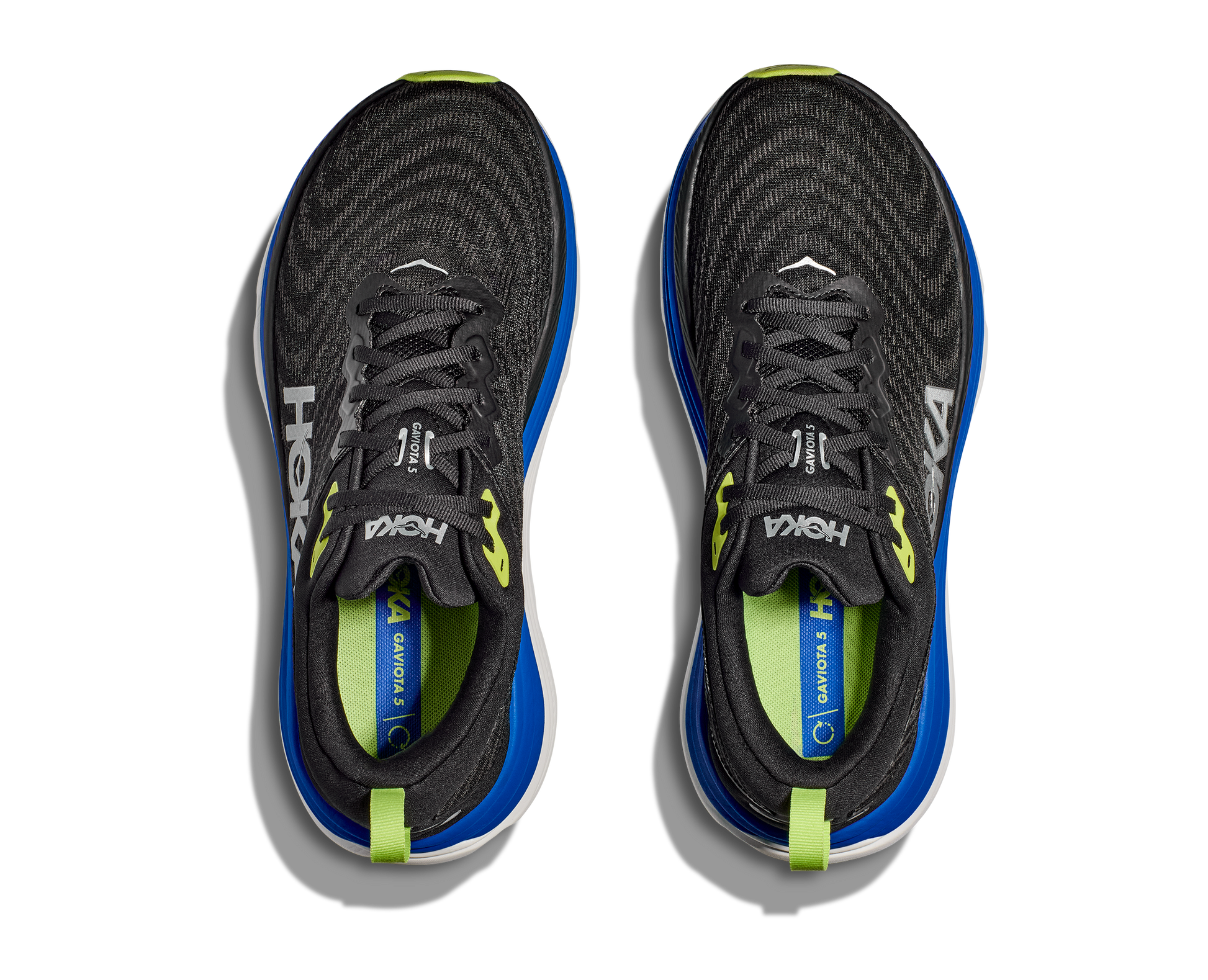 Hoka Gaviota 5 M, löparsko med pronationsstöd och extra stabilitet. En rymlig passform med mycket dämpning. Färg svar, blått och vitt.