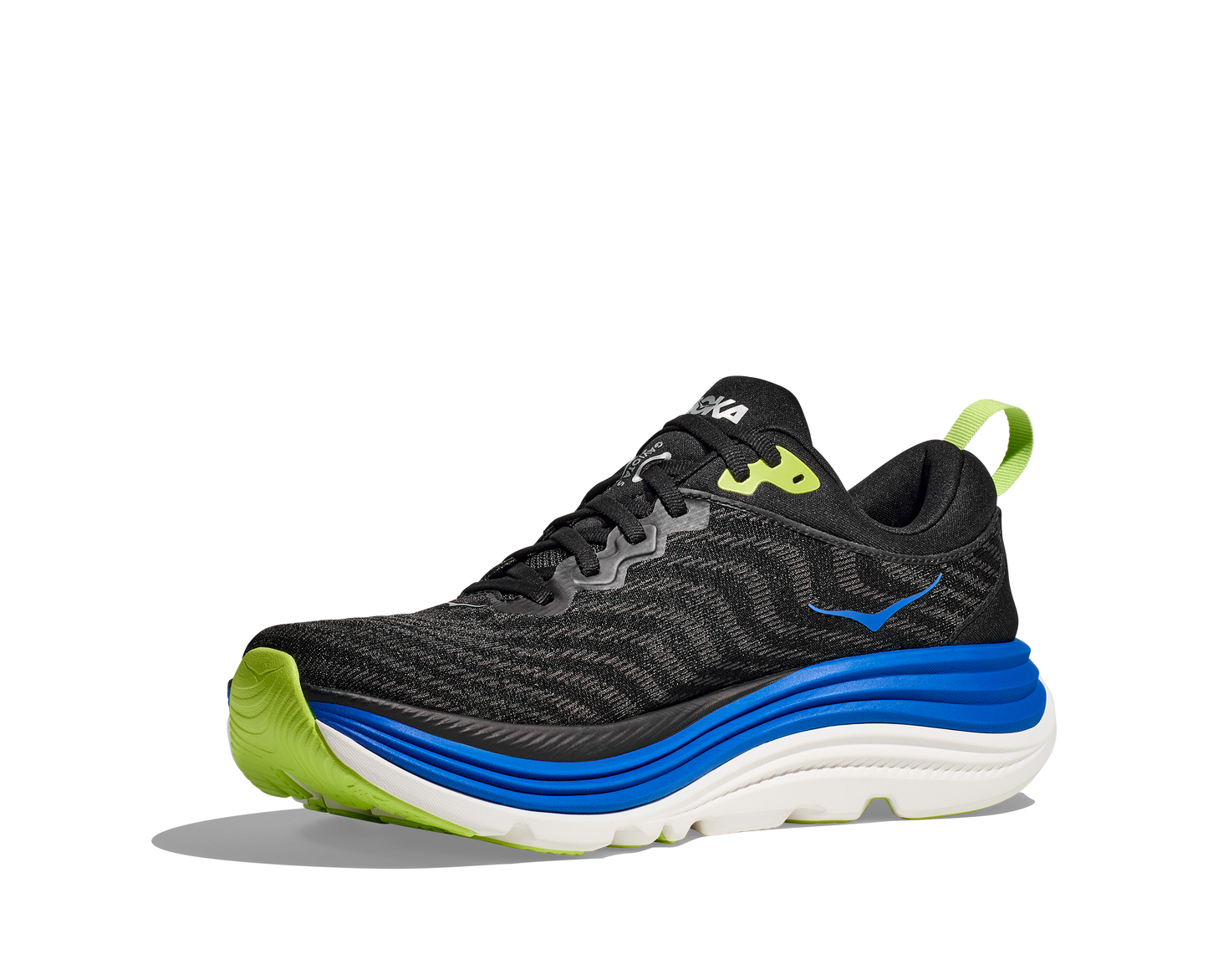 Hoka Gaviota 5 M, löparsko med pronationsstöd och extra stabilitet. En rymlig passform med mycket dämpning. Färg svar, blått och vitt.