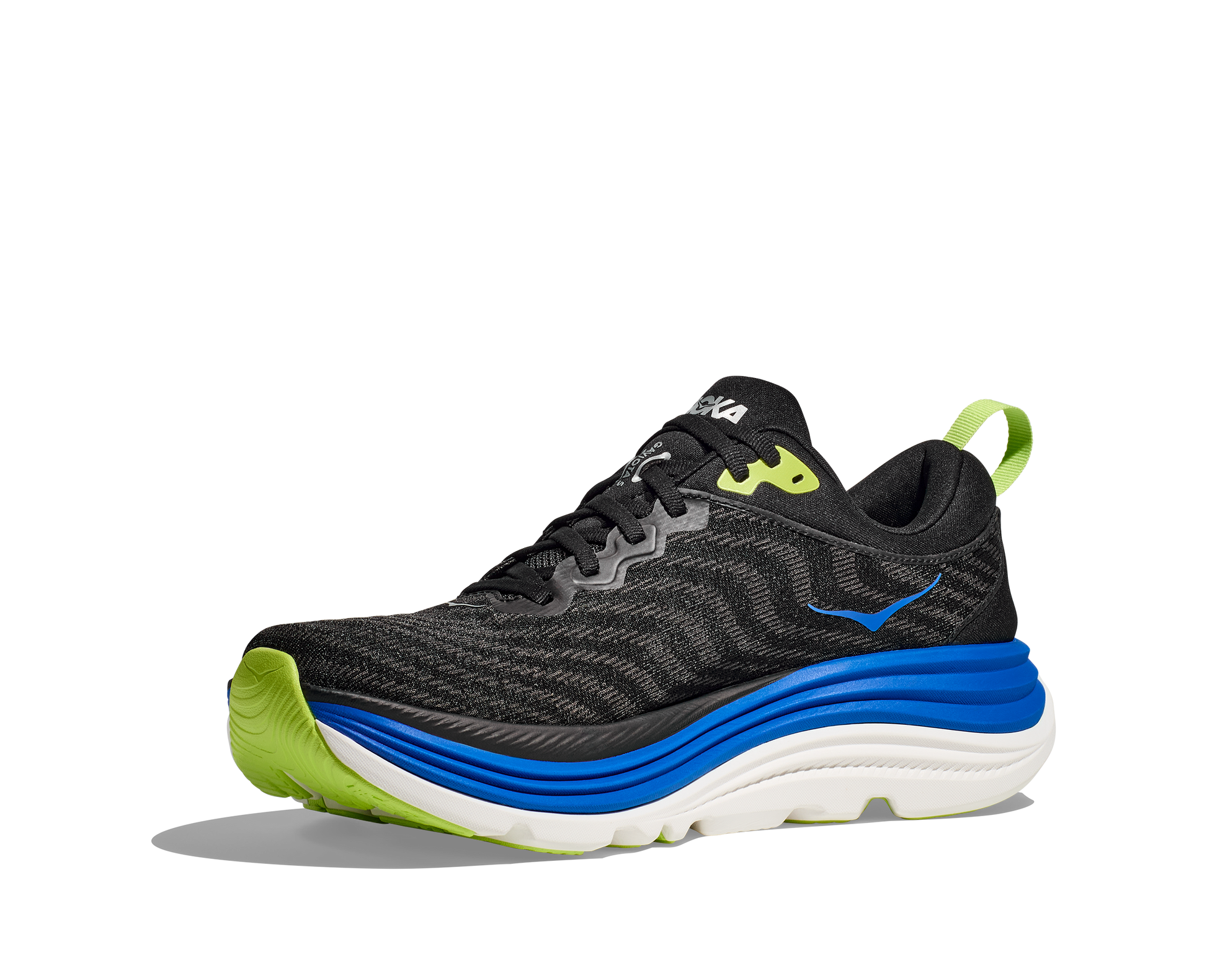 Hoka Gaviota 5 M, löparsko med pronationsstöd och extra stabilitet. En rymlig passform med mycket dämpning. Färg svar, blått och vitt.