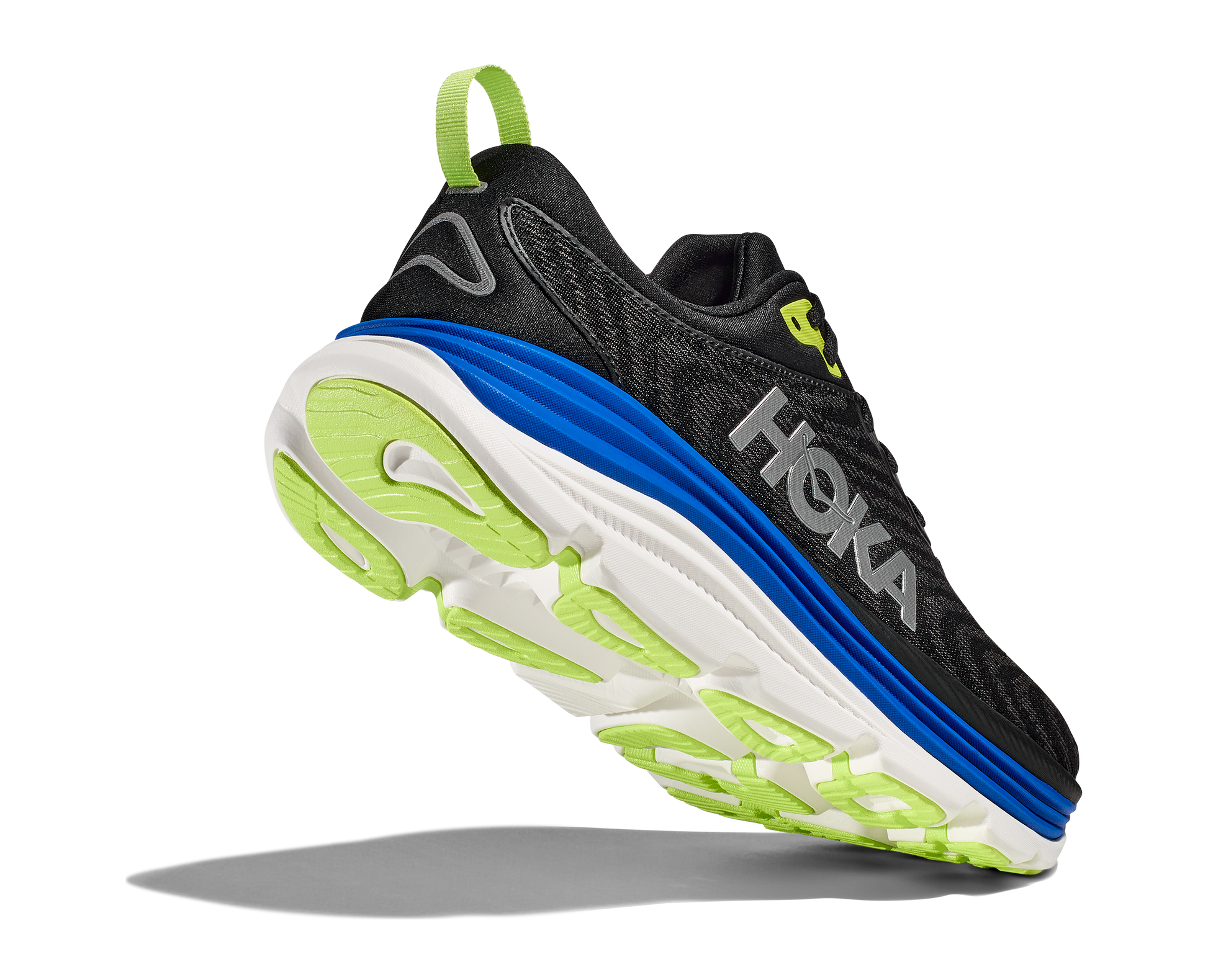 Hoka Gaviota 5 M, löparsko med pronationsstöd och extra stabilitet. En rymlig passform med mycket dämpning. Färg svar, blått och vitt.