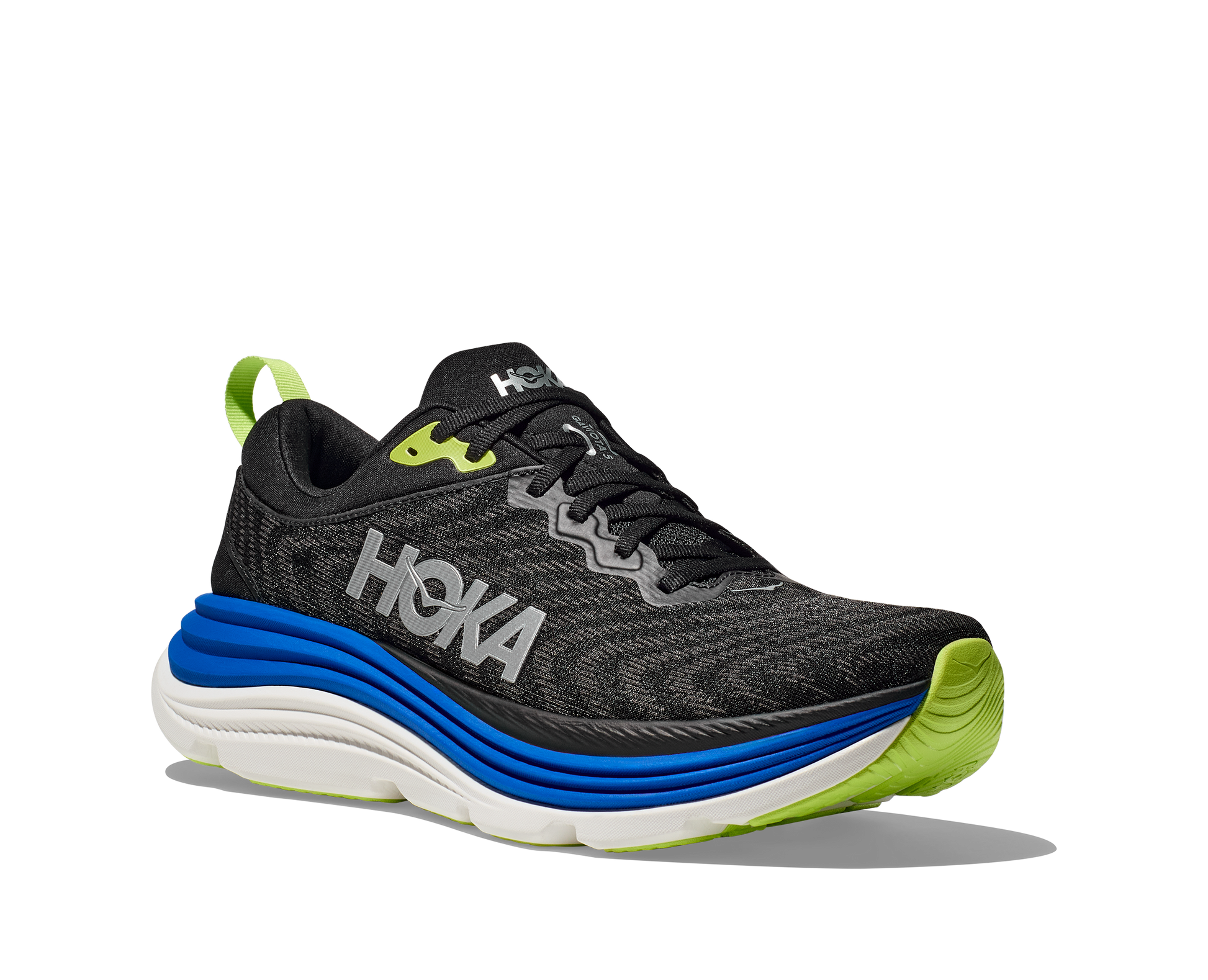 Hoka Gaviota 5 M, löparsko med pronationsstöd och extra stabilitet. En rymlig passform med mycket dämpning. Färg svar, blått och vitt.