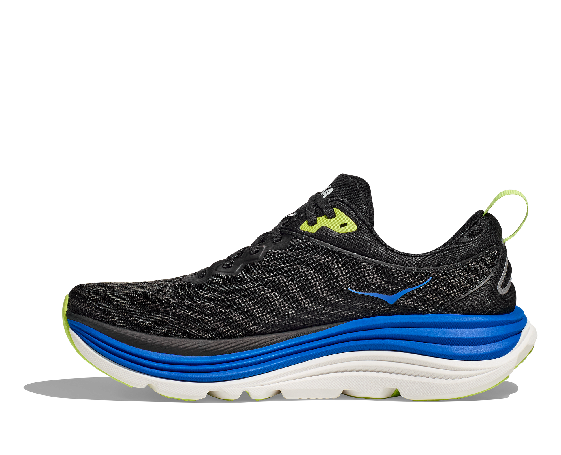 Hoka Gaviota 5 M, löparsko med pronationsstöd och extra stabilitet. En rymlig passform med mycket dämpning. Färg svar, blått och vitt.