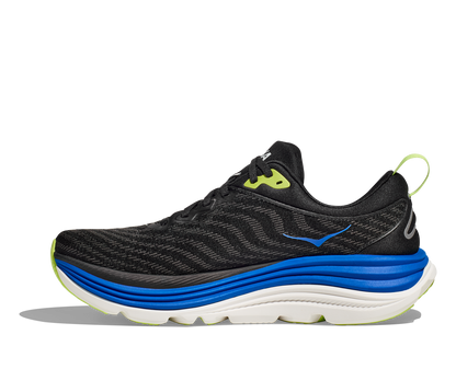Hoka Gaviota 5 M, löparsko med pronationsstöd och extra stabilitet. En rymlig passform med mycket dämpning. Färg svar, blått och vitt.