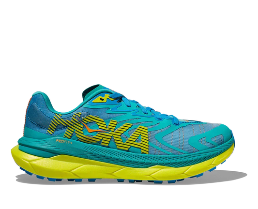 Hoka Tecton X 2, herrmodell. Blå trailsko med gula detaljer. Hos Hoka specialisterna i Sverige.