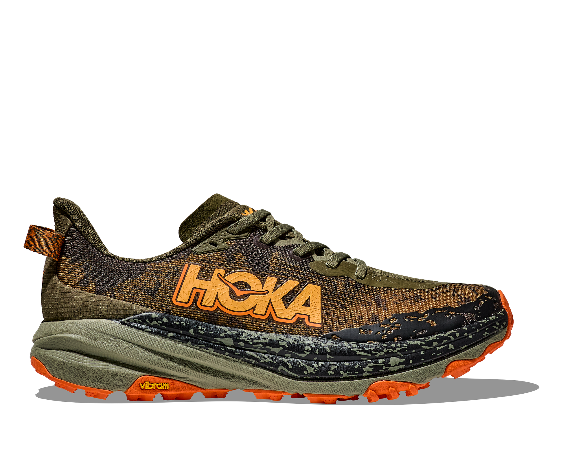 Hoka M Speedgoat 6 Wide - En terräng sko med god dämpning och utmärkt grep.  Grön ochh Orange färg.
