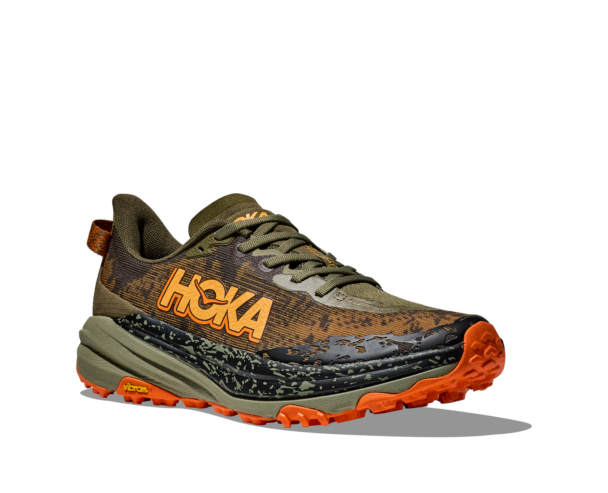 Hoka M Speedgoat 6 Wide - En terräng sko med god dämpning och utmärkt grep. Grön ochh Orange färg.