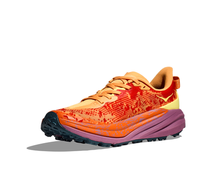 Hoka M Speedgoat 6. Terrängsko med dämpning och stabilitet. Vibram i dobbar. Färg orange och gul