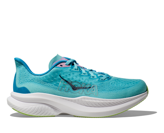 Hoka W Mach 6 (CSSW) - En snabb löparsko med skön dämpning. Blå/Vitt färg med lila och gröna detaljer. 