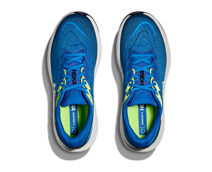 Hoka M Rincon 4 - En fjäderlätt sko med fantastisk dämpning men det slutar inte där. Denna sko är även otroligt responsiv. Denna sko är blå och vit med lime gröna detaljer.