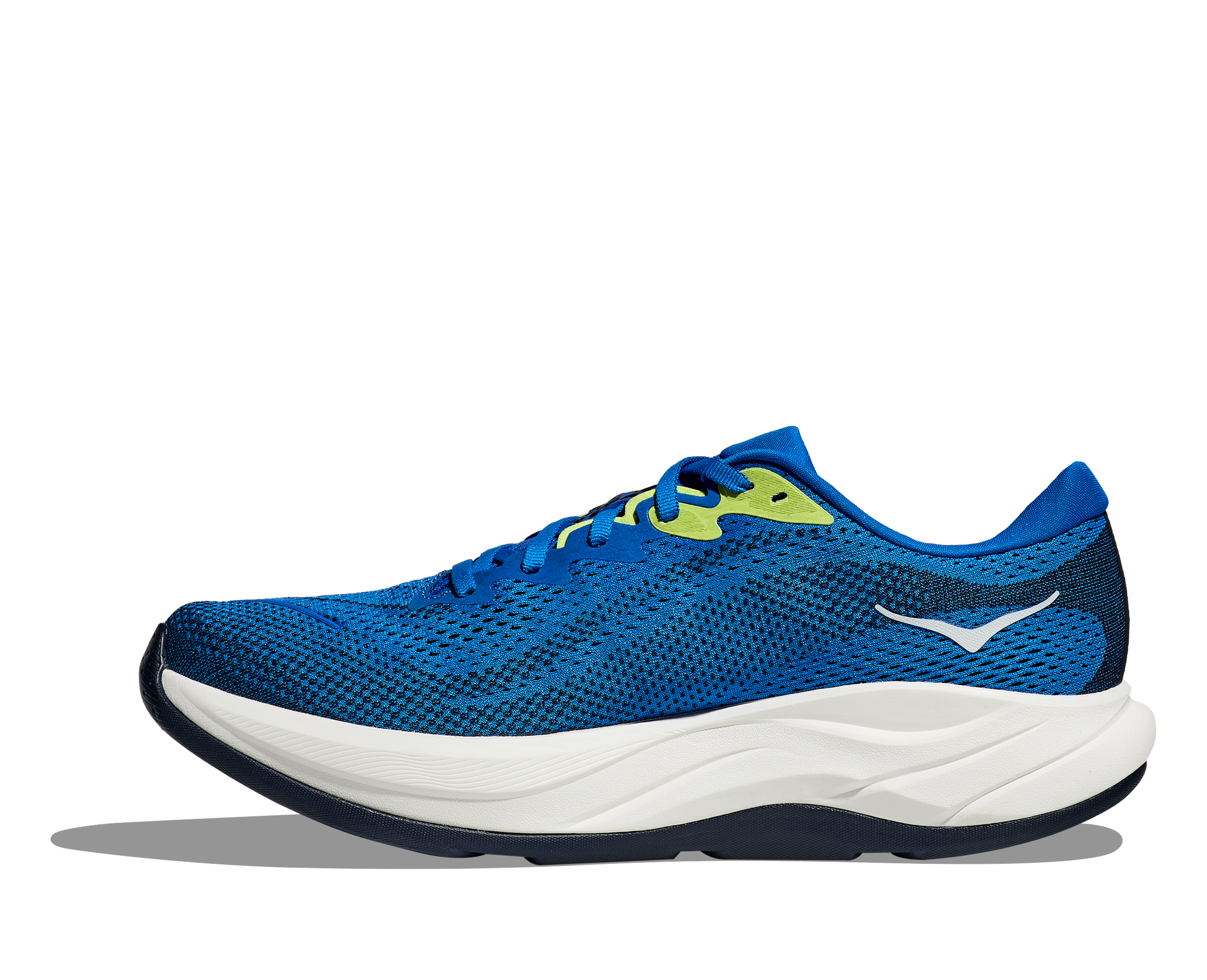 Hoka M Rincon 4 - En fjäderlätt sko med fantastisk dämpning men det slutar inte där. Denna sko är även otroligt responsiv. Denna sko är blå och vit med lime gröna detaljer.
