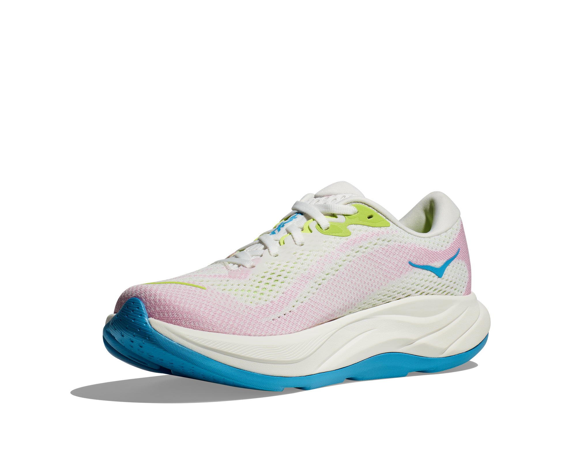 Hoka W Rincon 4 - En fjäderlätt sko med fantastisk dämpning men det slutar inte där. Denna sko är även otroligt responsiv. Vit/Rosa med blåa och gröna detaljer.