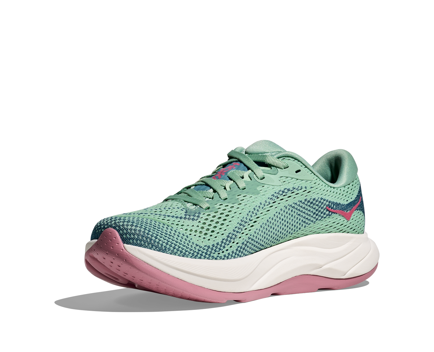 Hoka W Rincon 4 - En fjäderlätt sko med fantastisk dämpning men det slutar inte där. Denna sko är även otroligt responsiv. Grön, blå och vit färg med rosa detaljer. 
