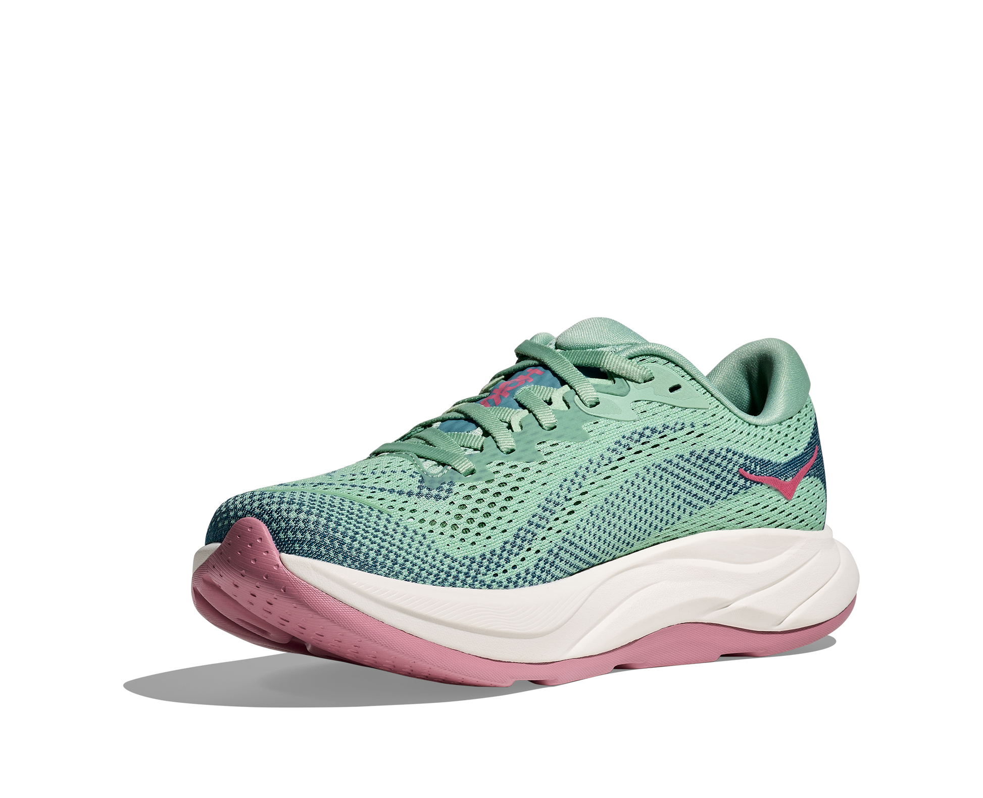 Hoka W Rincon 4 - En fjäderlätt sko med fantastisk dämpning men det slutar inte där. Denna sko är även otroligt responsiv. Grön, blå och vit färg med rosa detaljer. 