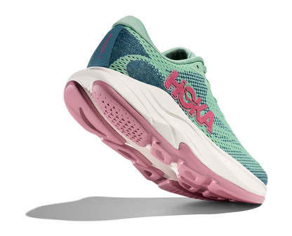 Hoka W Rincon 4 - En fjäderlätt sko med fantastisk dämpning men det slutar inte där. Denna sko är även otroligt responsiv. Grön, blå och vit färg med rosa detaljer. 