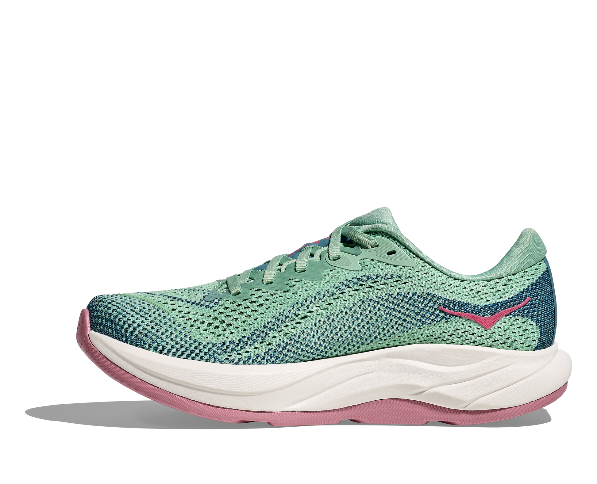 Hoka W Rincon 4 - En fjäderlätt sko med fantastisk dämpning men det slutar inte där. Denna sko är även otroligt responsiv. Grön, blå och vit färg med rosa detaljer. 