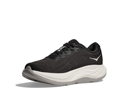 Hoka W Rincon 4 Wide - En fjäderlätt sko med fantastisk dämpning men det slutar inte där. Denna sko är även otroligt responsiv. Denna modell är även bredare i tå boxen. Svart och vit färg på denna sko.