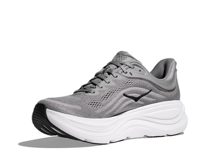 Hoka M Bondi 9, dämpad herrsko. Perfekt för en mjuk och skonsam löpning. Även en super bra arbetssko som avlastar kroppen under hela dagen. Här i grå färg med vit sula och svarta detaljer. Köp hos dina Hoka specialister i Sverige idag!