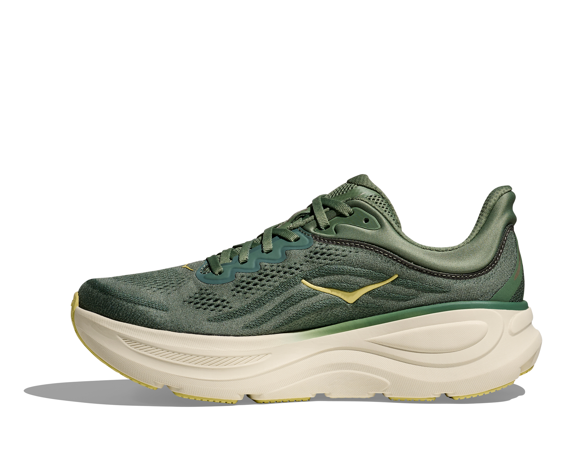 Hoka M Bondi 9, dämpad herrsko. Perfekt för en mjuk och skonsam löpning. Även en super bra arbetssko som avlastar kroppen under hela dagen.  Här i grön nyans med beige sula och gula detaljer.  Köp hos dina Hoka specialister i Sverige idag!
