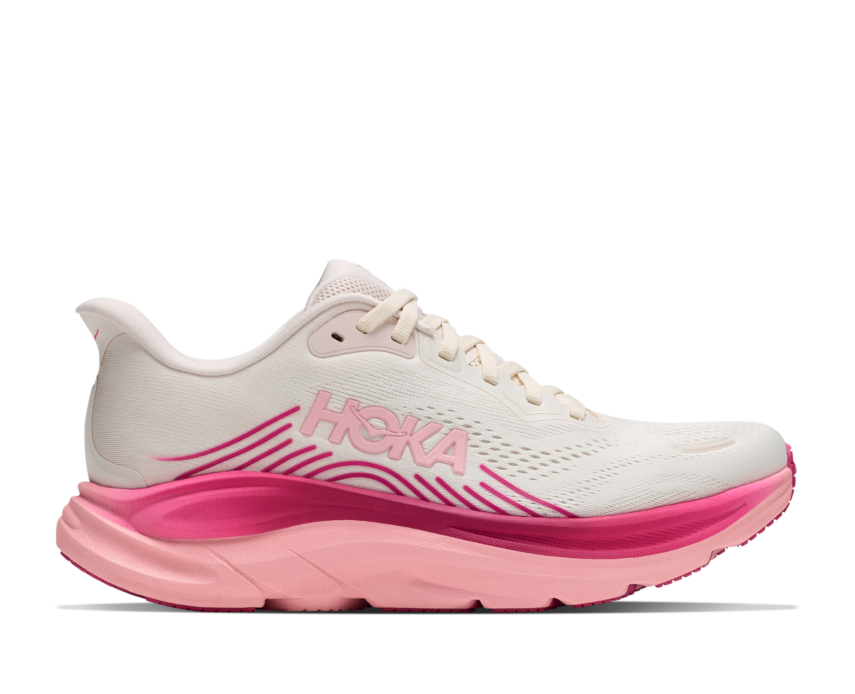 Hoka Clifton 11 löparsko för dam i Rose Cream / Dewy Pink, sidovy från utsidan