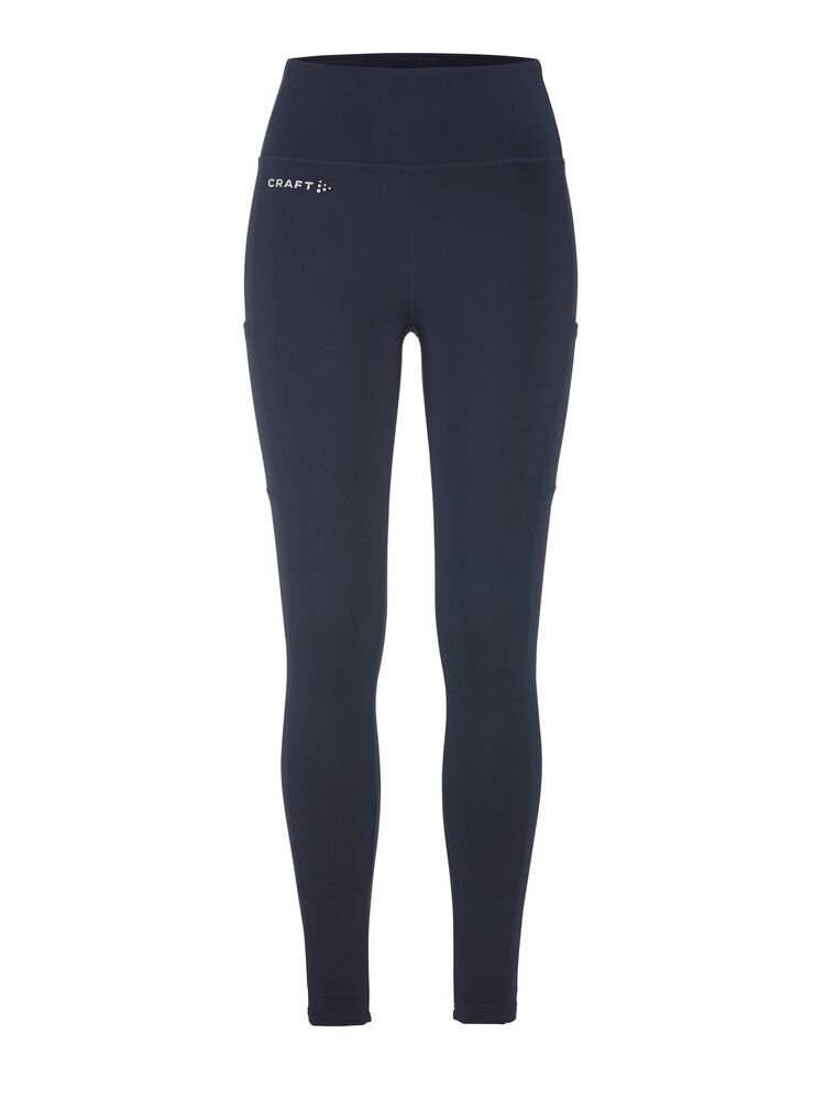Craft ADV Essence High Waist Warm Tights. Mörkblå tights i dammodell med bred resår i midjan. Två stora ytterfickor på benen samt nyckelficka i midjan. 