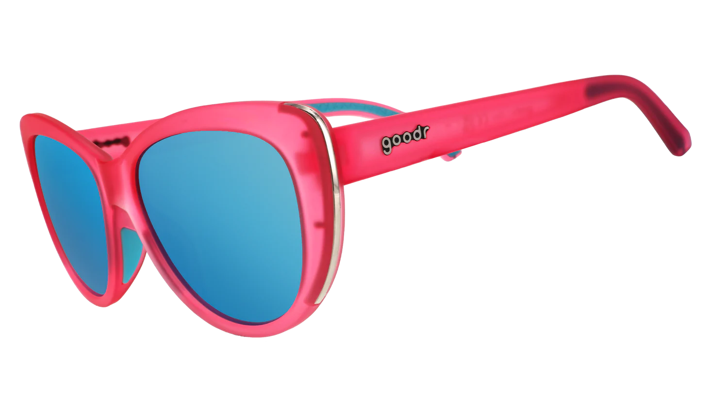 goodr Flamingo Couture. Cat-eye solglasögon med rosa båge och en speglande blå lins. Speciell greppbeläggning som gör att glasen sitter stabilt utan en tung ram - vilket ger en väldigt låg vikt. De polariserade UV400-linserna skyddar dig mot UV-A och UV-B strålning. 
