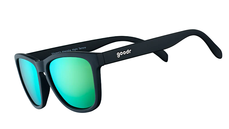 goodr VINCENT'S ABSINTHE NIGHT TERRORS. Svarta med speglande grönt glas. Solglasögon anpassade för träningspassen som går undan. Cool accessoar till festivaler och beachen.