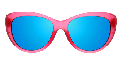 goodr Flamingo Couture. Cat-eye solglasögon med rosa båge och en speglande blå lins. Speciell greppbeläggning som gör att glasen sitter stabilt utan en tung ram - vilket ger en väldigt låg vikt. De polariserade UV400-linserna skyddar dig mot UV-A och UV-B strålning. 