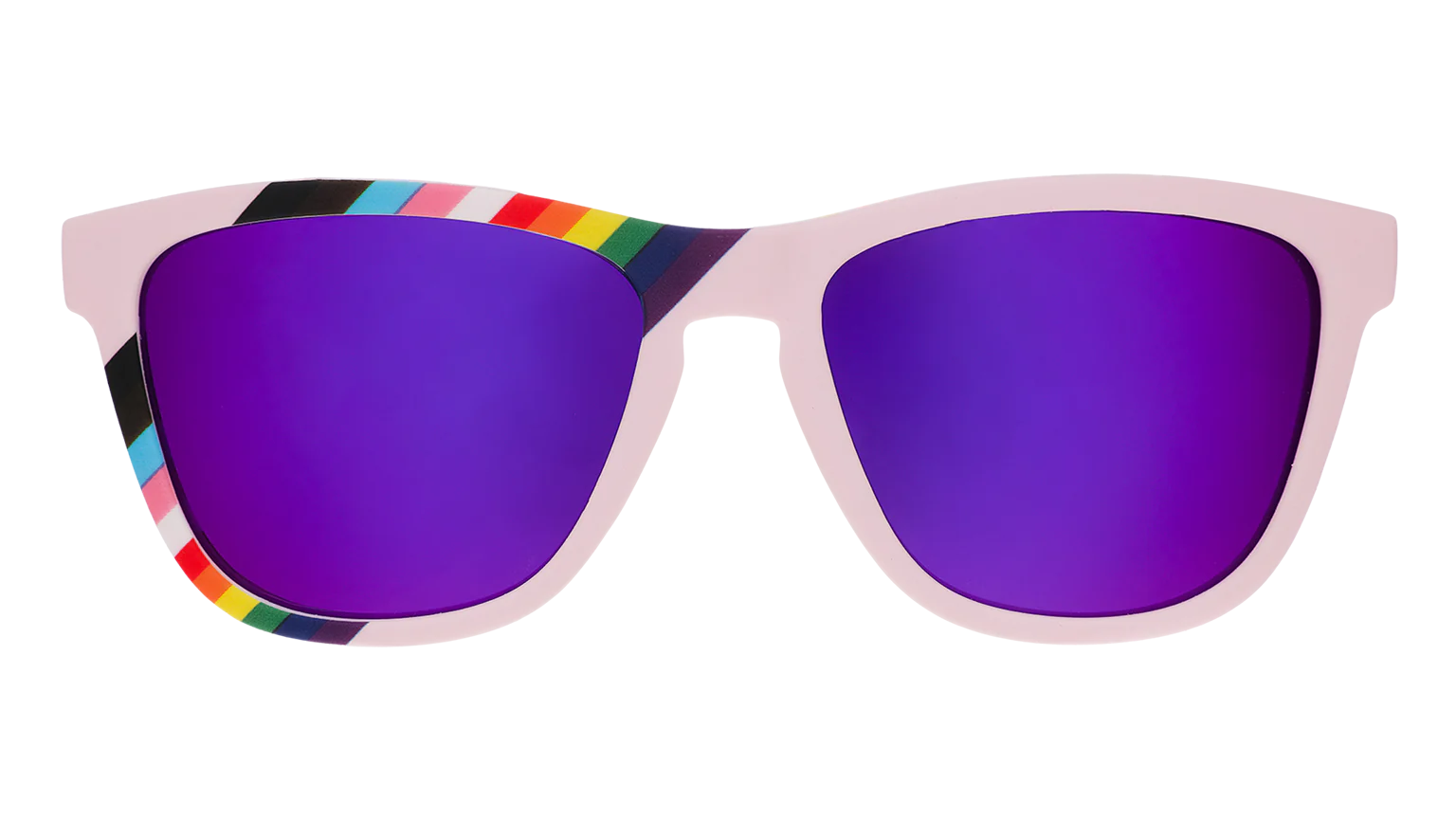 goodr We're Here to Slay. Exklusiva Pride-solglasögon från goodr med stilrena lavenderlila bågar med hjärtan i regnbågsfärger längst med bågarna och en regnbågsflagga över ena bågen, spegelblanka lilla linser. Passform Medium - perfekt för normalstora ansikten. Spegelreflekterande linser som minskar bländning och skyddar ögonen. 