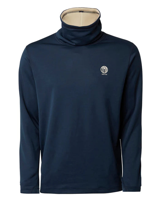 YMR Åsunden Men's Funnel Neck Navy. Mångsidig och mjuk tröja i marinblått med beige inuti den höga kragen och på logotyp på bröstet. Dragsko i både kragen för justerbar passform. Reflexdetalj på nedre delen av ryggen. 