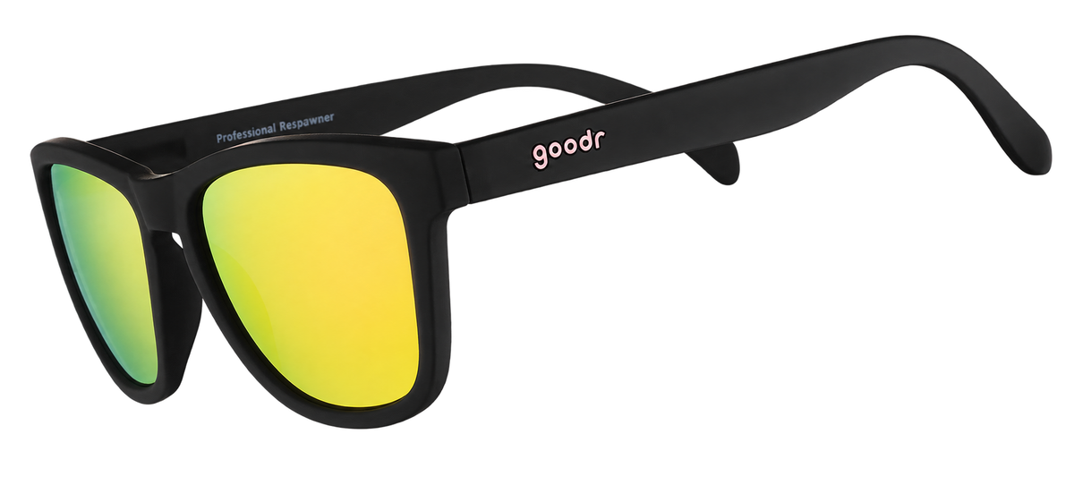 goodr Professional Respawner solglasögon, svart båge med gulgröna spegelglas, transparent bakgrund