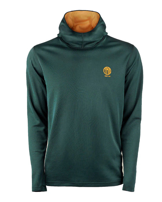 YMR Åsunden Men's Hoodie. Grön hoodie med gul kontrastfärg på insidan av luvan och loggan på bröstet. Huva med hög krage och tumöppningar i ärmsluten. Tight, sportig passform. 
 