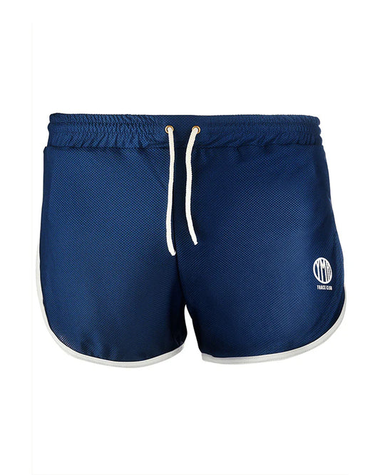 Unisex splitshorts med innerbyxa. Diskret liten ficka i innerbyxan för exempelvis nyckel eller gel. Marinblåa med vita detaljer och logotyp. Resår i midjan med elastisk snörning. 
