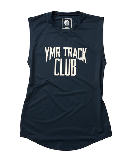 Lättviktigt träningslinne för kvinnor. Marinblått med logotyp i off-white "YMR TRACK CLUB". Rymlig passform för optimal rörelsefrihet. 