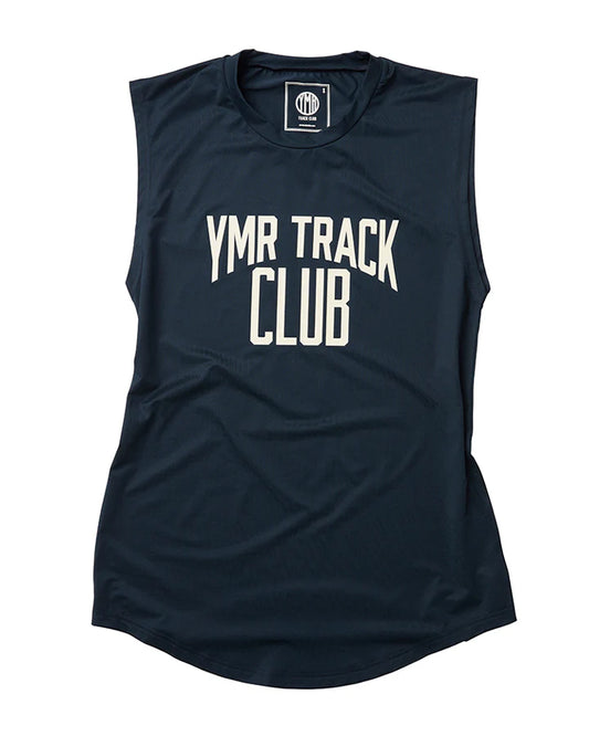 Lättviktigt träningslinne för kvinnor. Marinblått med logotyp i off-white "YMR TRACK CLUB". Rymlig passform för optimal rörelsefrihet. 