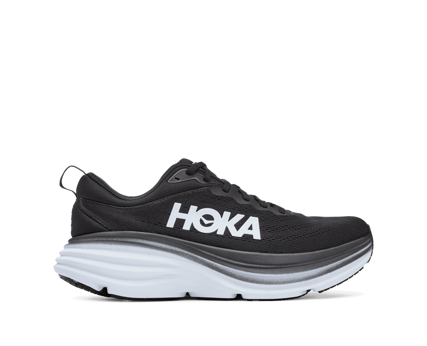 Hoka Bondi 8 modell herr. Stilren svart & vit färg. Hos Hoka specialisterna i Sverige.